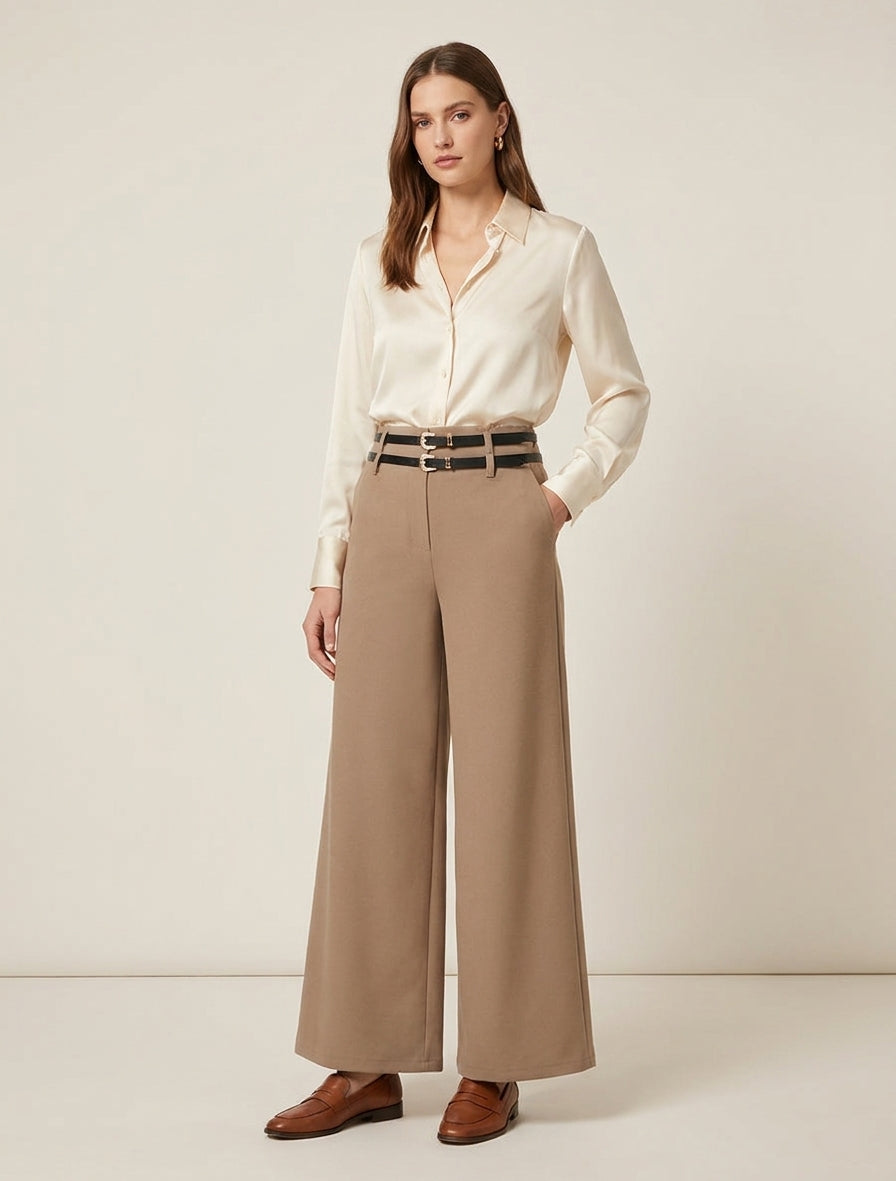 Hoge taille wijde broek met dubbele riemen - Kameel