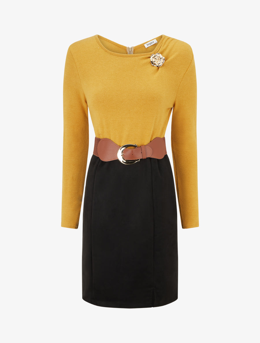 Robe bimatière coupe droite - Moutarde - 1