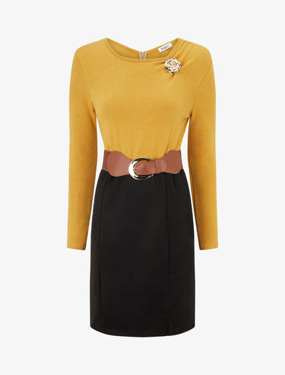 Robe bimatière coupe droite - Moutarde - 1