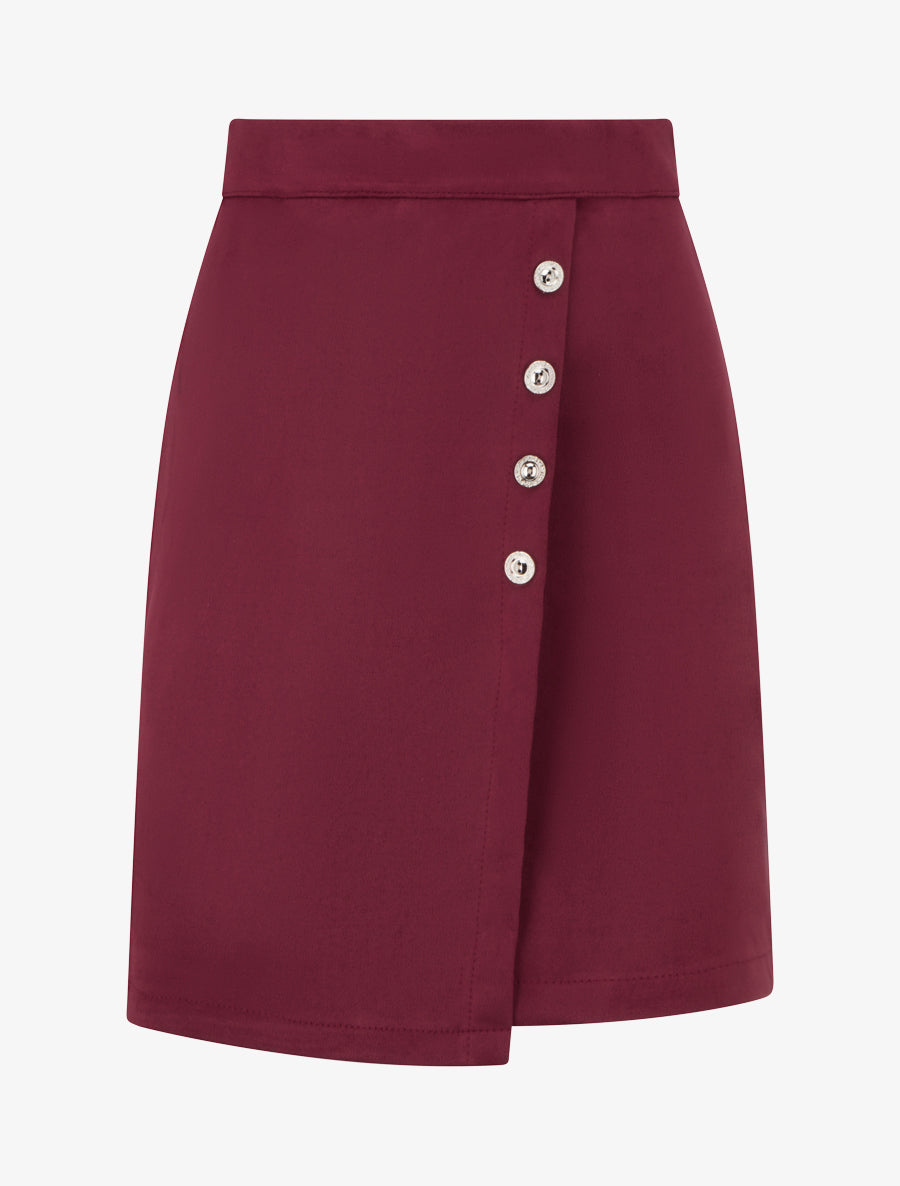 Suède rok in overslagstijl met knopen - Bordeaux