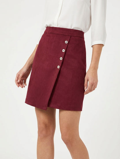 Suède rok in overslagstijl met knopen - Bordeaux