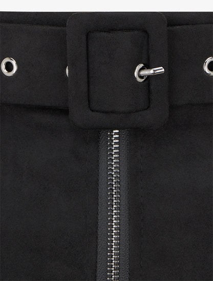 Jupe crayon taille haute en suédine à zip - Noir - 3