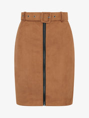 Jupe crayon taille haute en suédine à zip - Camel - 1