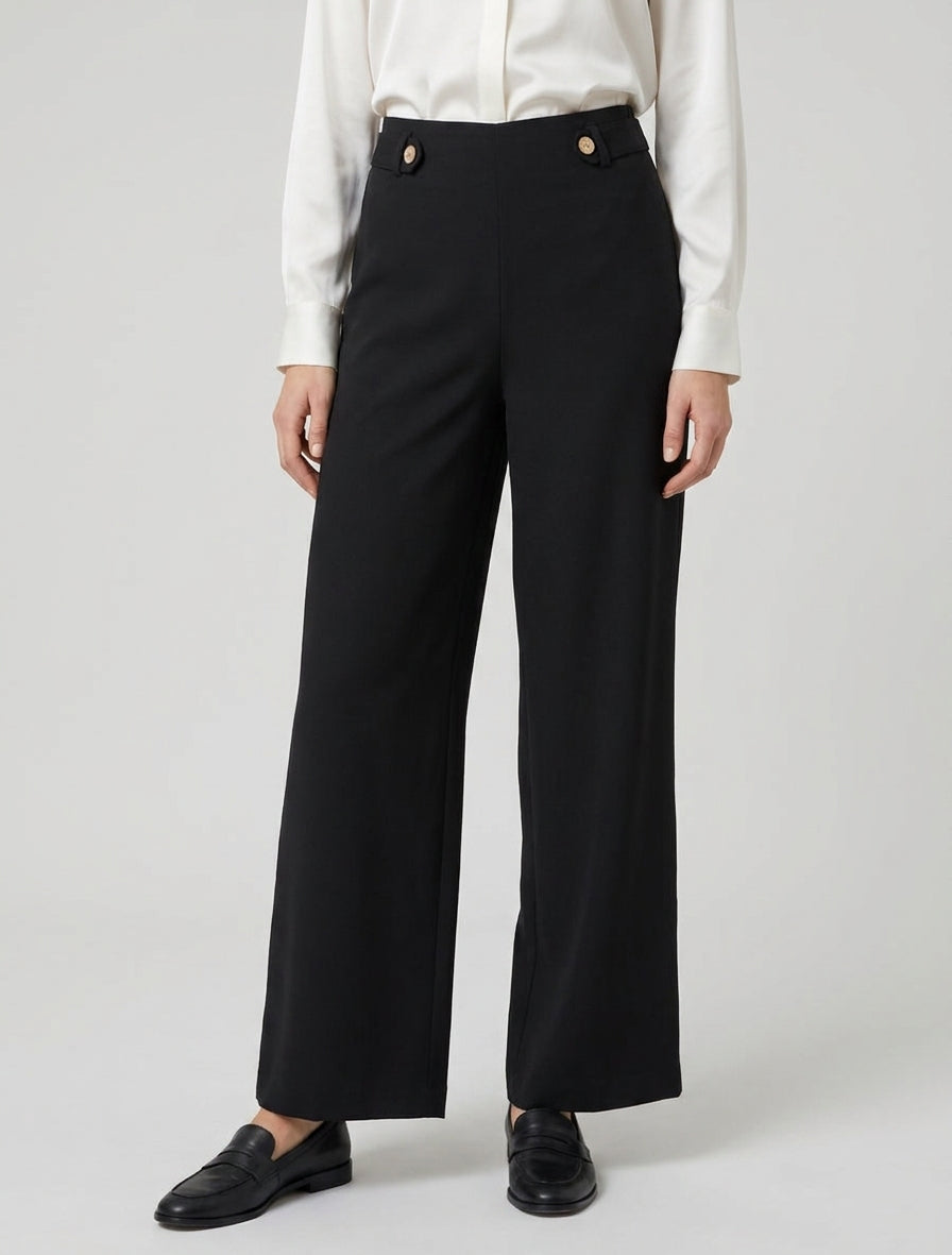 Hoge taille wijde broek met decoratieve knopen - Zwart
