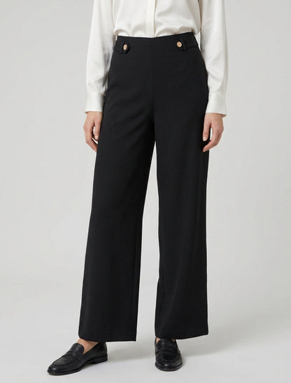 Hoge taille wijde broek met decoratieve knopen - Zwart