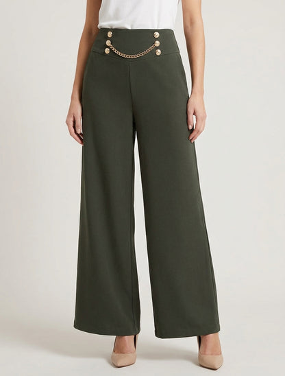 Broek met hoge taille, knopen en ketting - Kaki