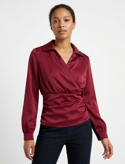 Getailleerde top met satijnlook en overslagkraag - Bordeaux