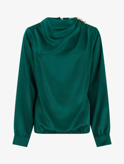 Top boule satiné à col bénitier et boutons - Vert sapin - 1