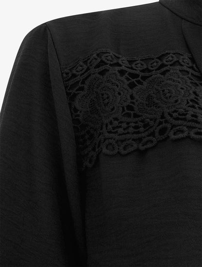 Top boule à col V et dentelle - Noir - 3