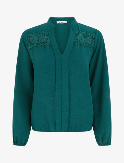 Top boule à col V et dentelle - Vert sapin - 1
