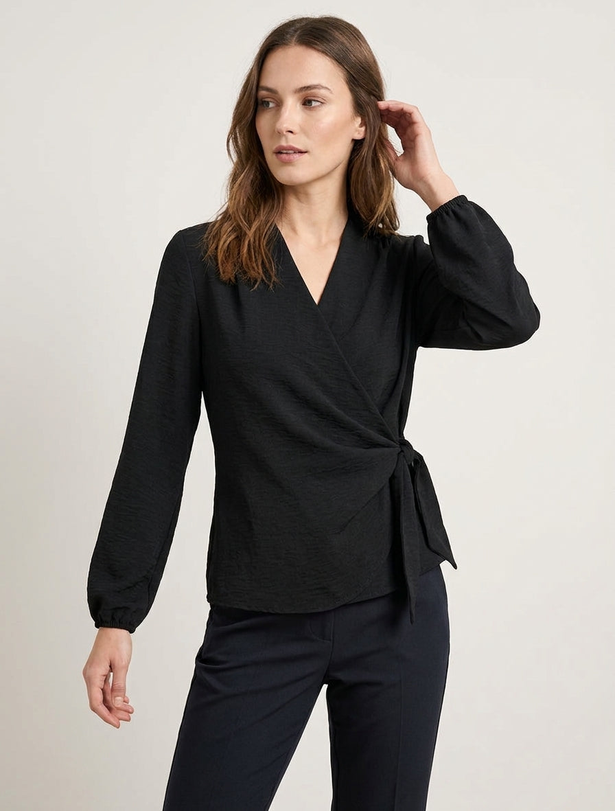 Top wikkelblouse met lange mouwen en soepele stof - Zwart