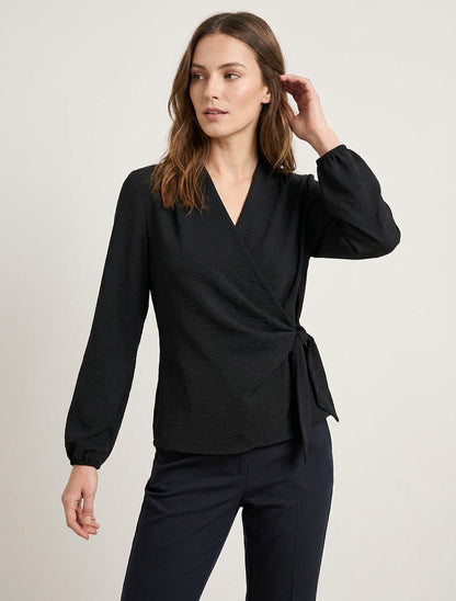 Top wikkelblouse met lange mouwen en soepele stof - Zwart