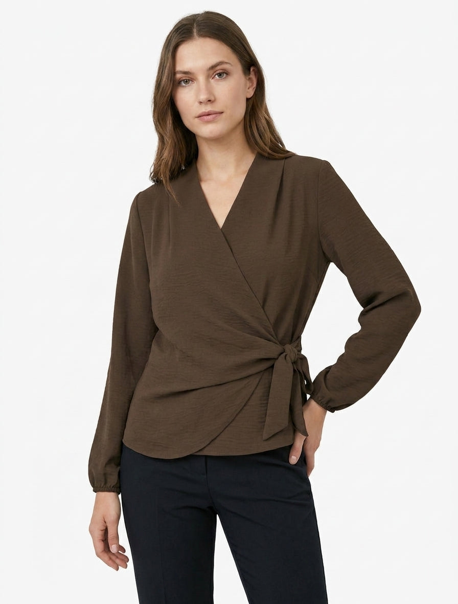 Top wikkelblouse met lange mouwen en soepele stof - Bruin