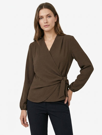 Top wikkelblouse met lange mouwen en soepele stof - Bruin