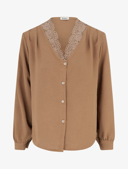 Blouse droite à col V en dentelle - Camel - 1