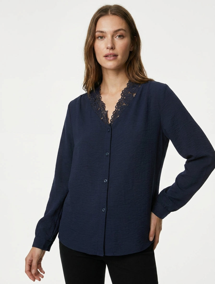 Rechte blouse met V-hals van kant - Marine
