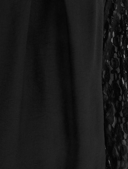 Top boule uni à manches en dentelle - Noir - 3