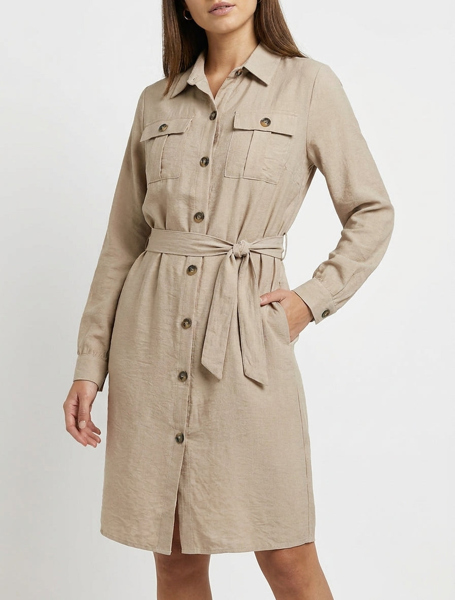 Effen overhemdjurk met strikceintuur - Beige