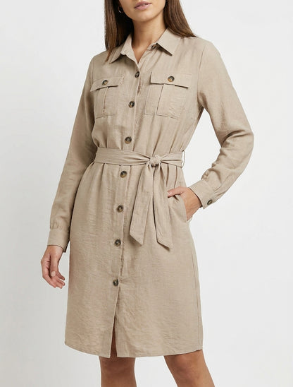 Effen overhemdjurk met strikceintuur - Beige
