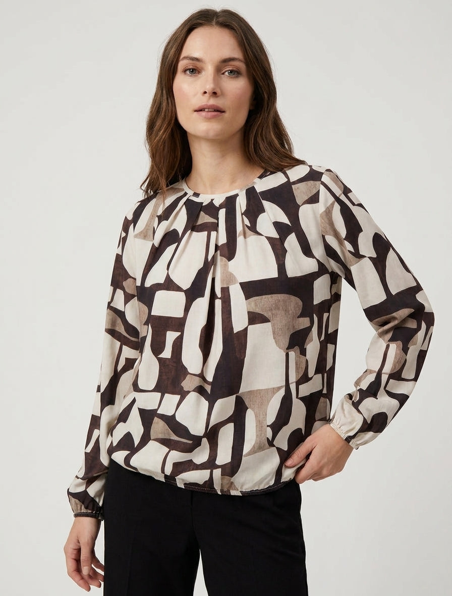 Retro bedrukte blouse met ronde hals - Bruin