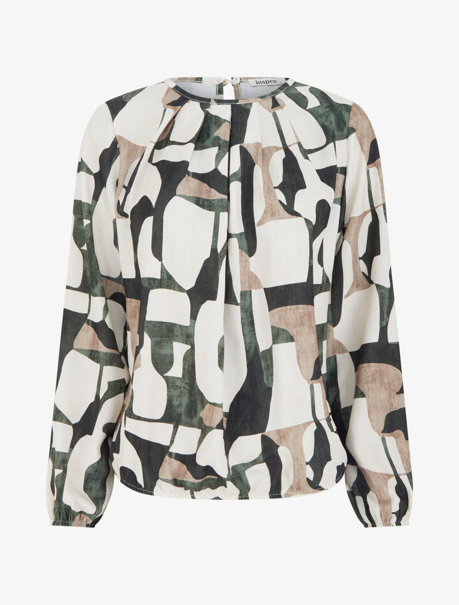 Blouse imprimé rétro à col rond - Kaki - 1