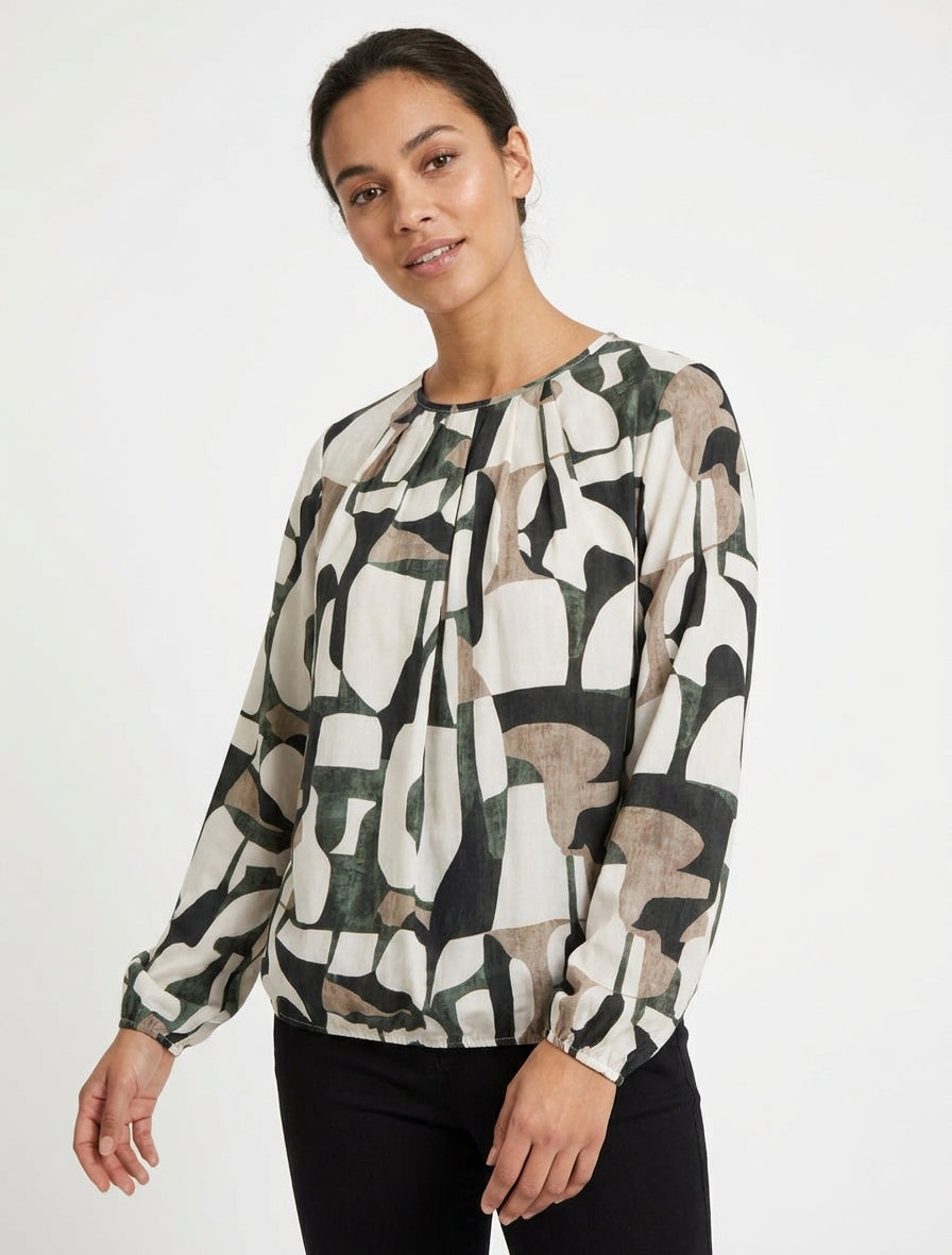 Retro bedrukte blouse met ronde hals - Kaki