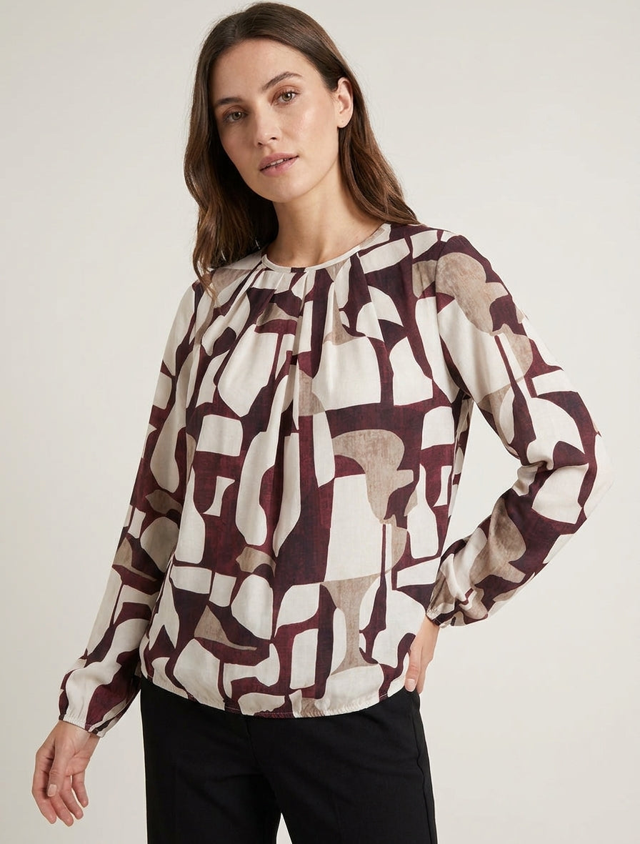 Retro bedrukte blouse met ronde hals - Bordeaux