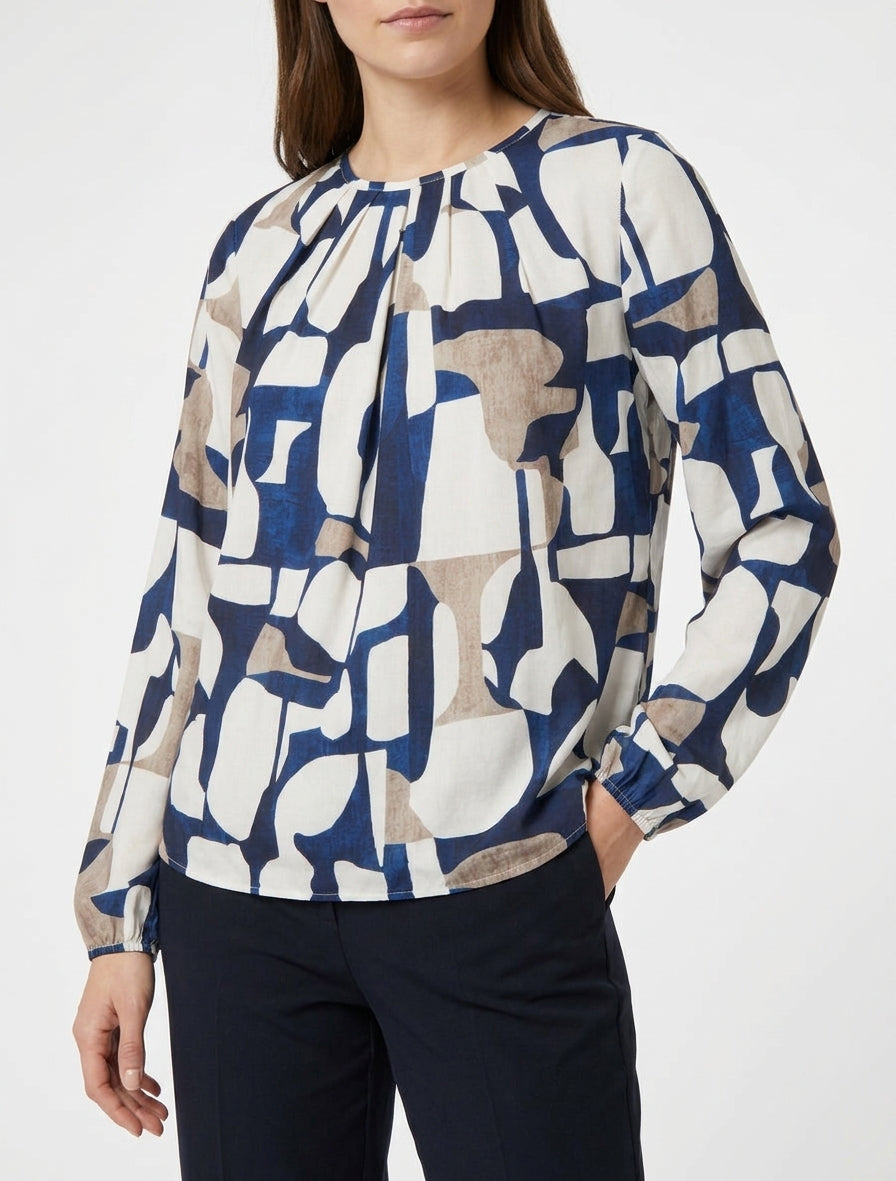 Retro bedrukte blouse met ronde hals - Marine