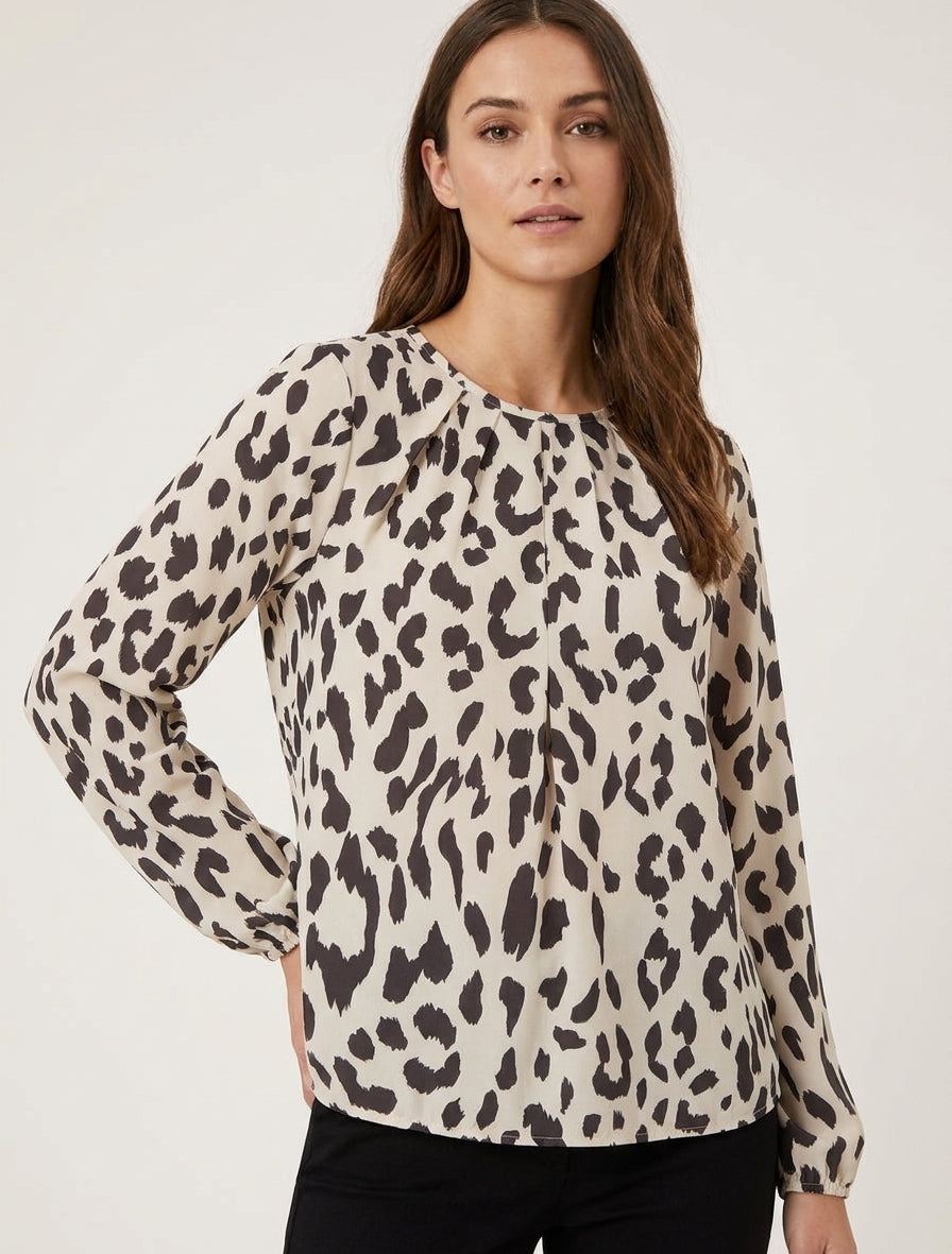 Ronde hals blouse met koeienprint - Bruin
