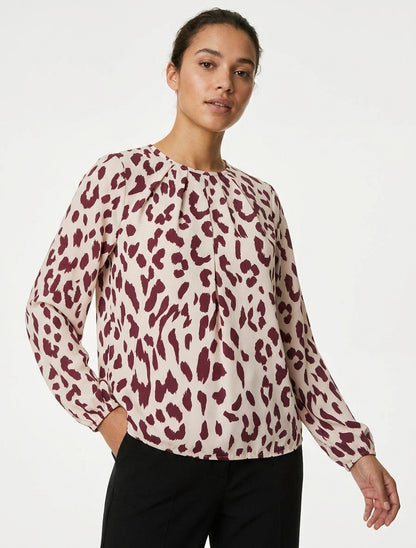 Ronde hals blouse met koeienprint - Bordeaux