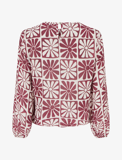 Top boule manches longues à imprimé marguerites - Lie de vin - 2