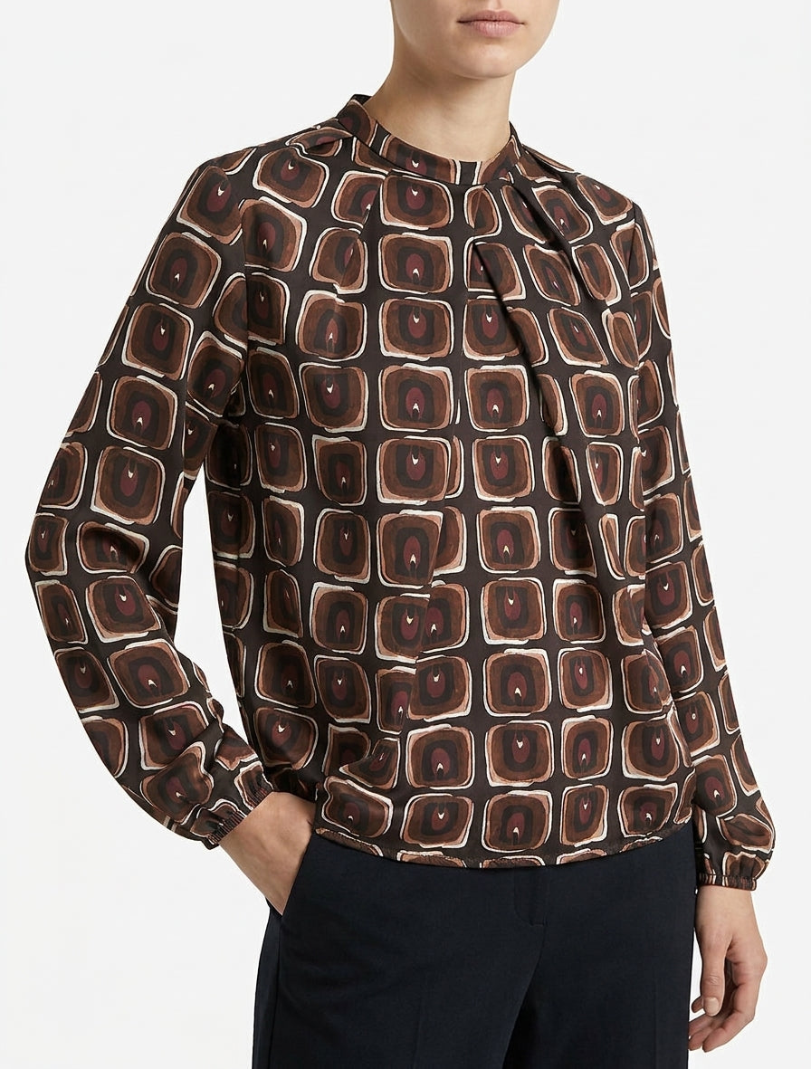Satijnen blouse met retroprint - Chocolade