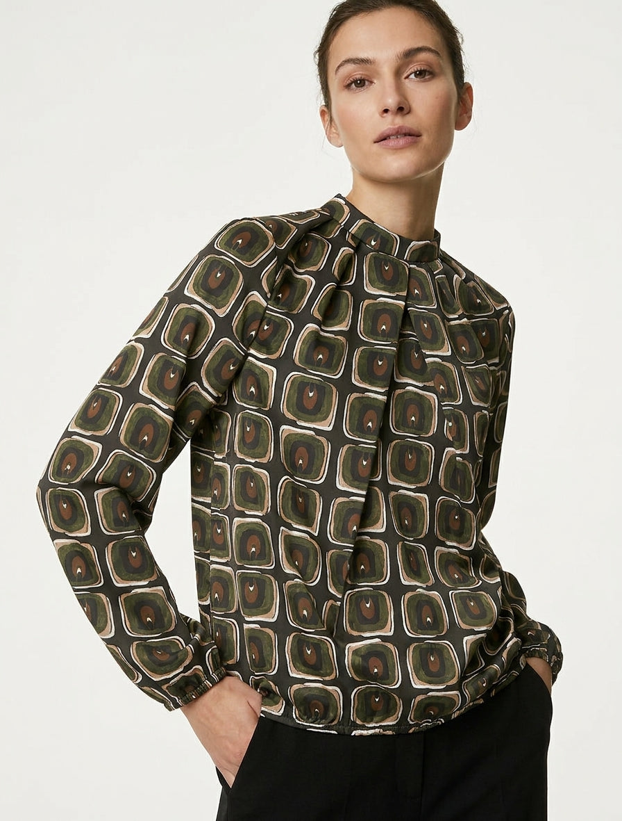 Satijnen blouse met retroprint - Kaki