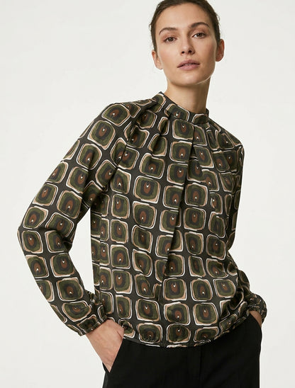 Satijnen blouse met retroprint - Kaki