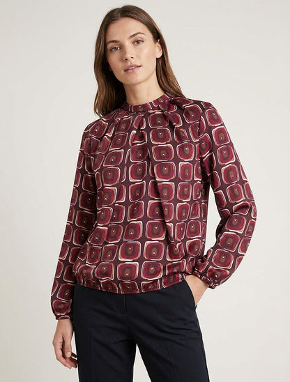 Satijnen blouse met retroprint - Wijnrood