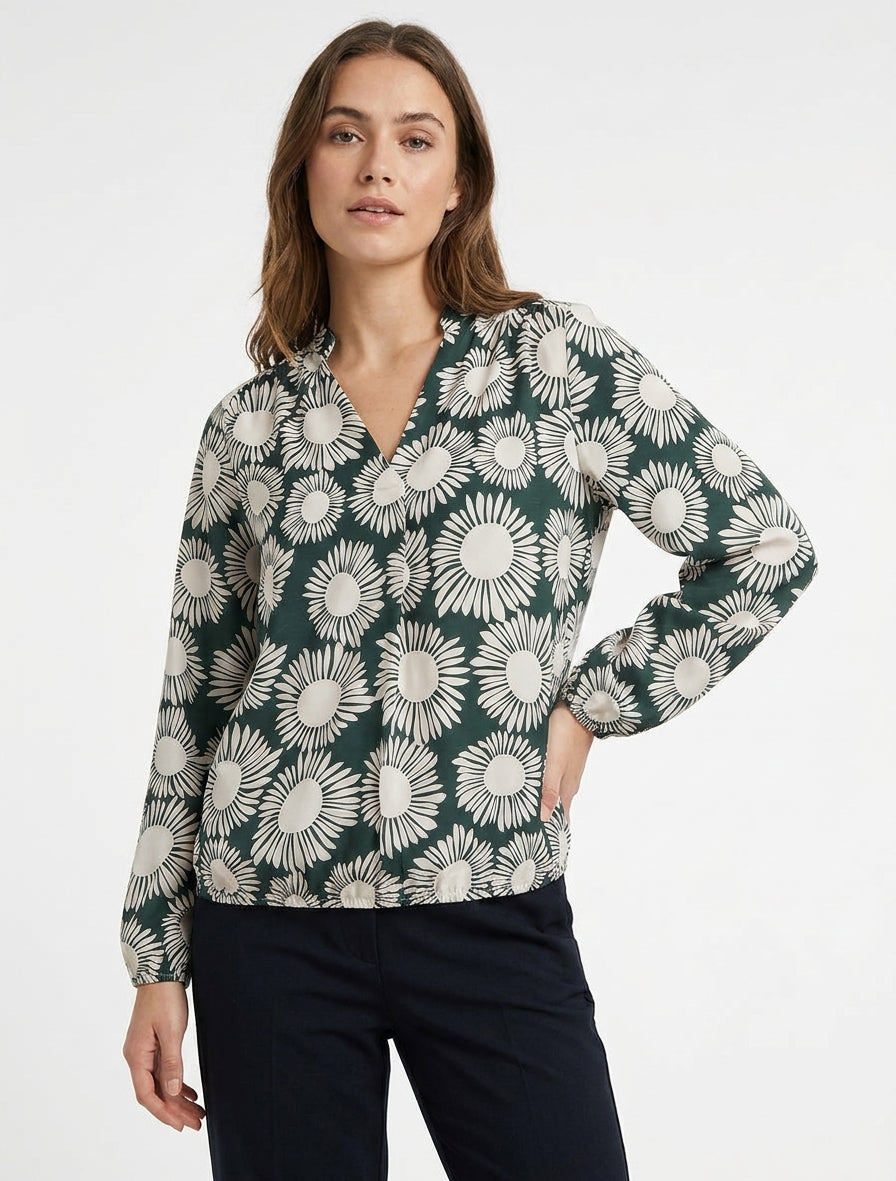 Blouse met bloemenprint en elastische manchetten - Dennengroen
