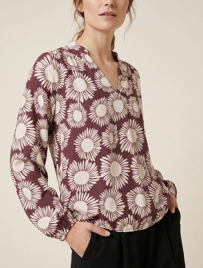 Blouse met bloemenprint en elastische manchetten - Pruim
