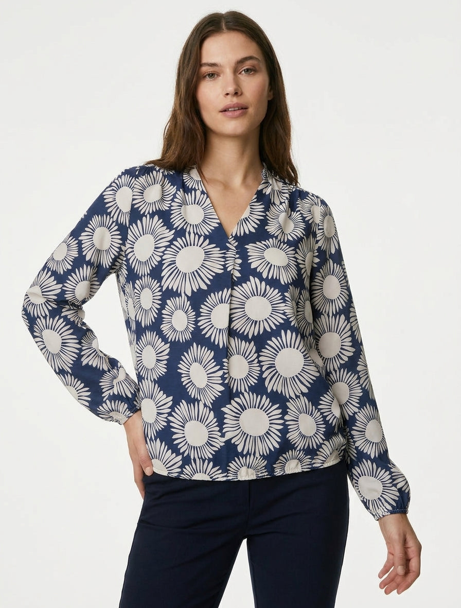 Blouse met bloemenprint en elastische manchetten - Marine