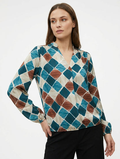 Top satijnen met grafische print - Eendenblauw