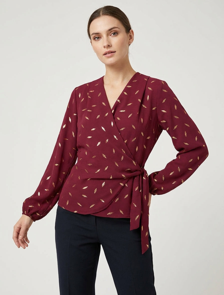 Top met iriserende veren in portefeuille-stijl - Bordeaux