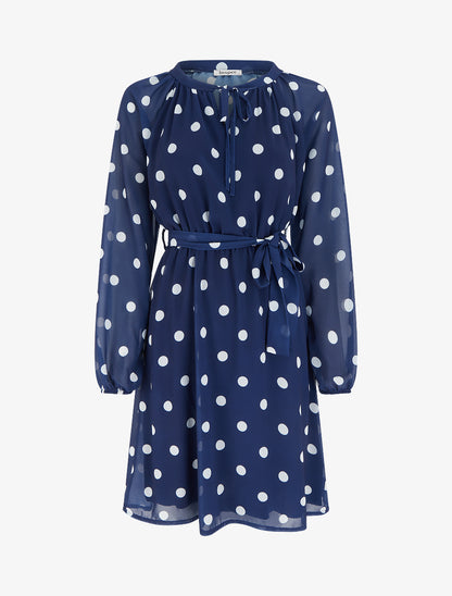 Robe à pois évasée à manches longues - Marine - 1