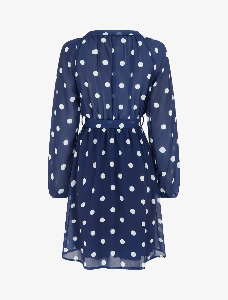 Robe à pois évasée à manches longues - Marine - 2