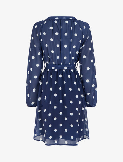 Robe à pois évasée à manches longues - Marine - 2