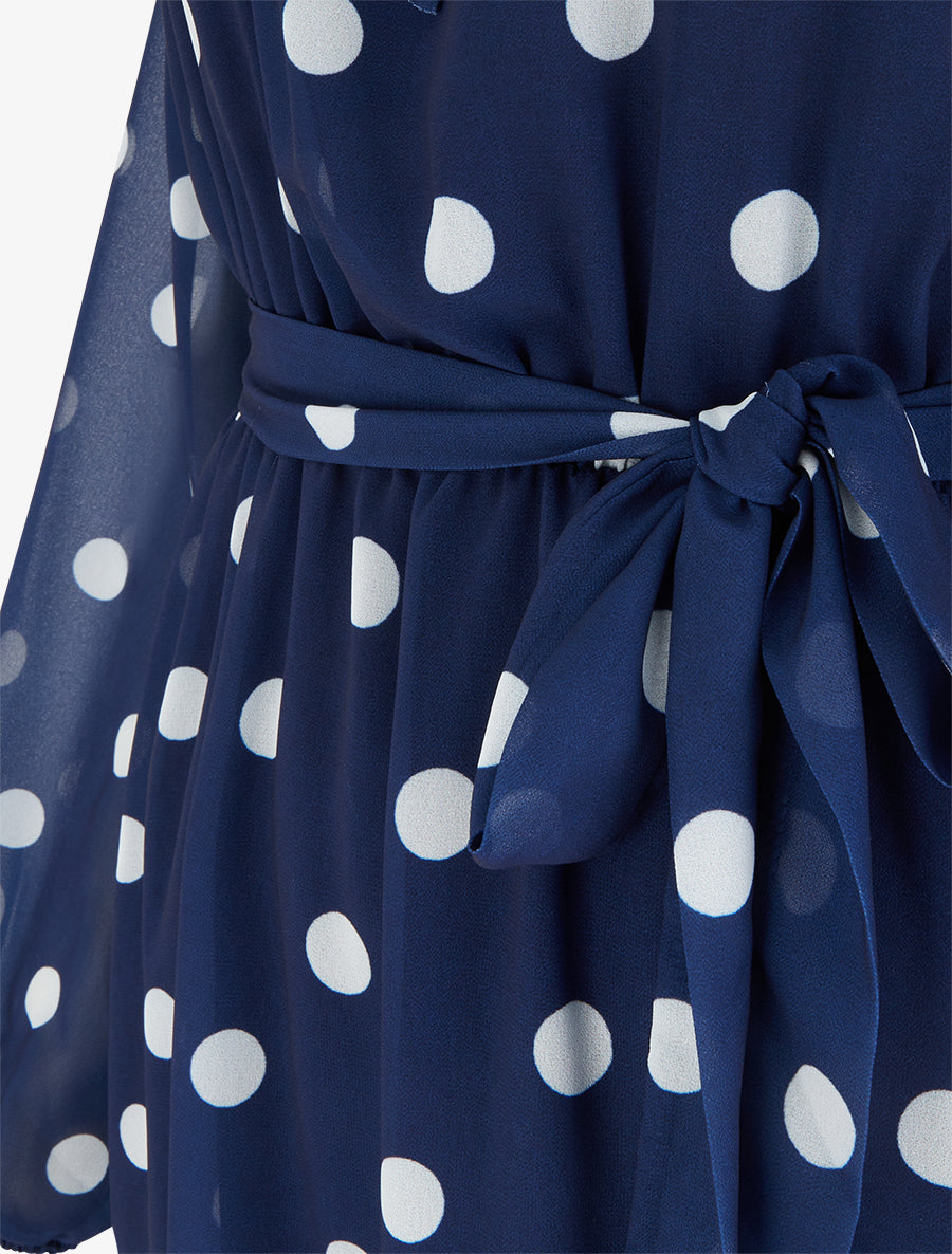 Robe à pois évasée à manches longues - Marine - 3