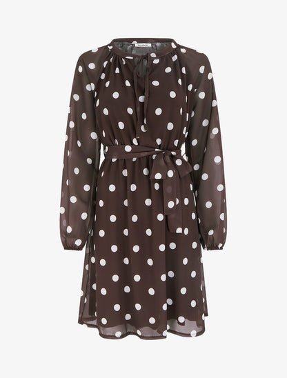 Robe à pois évasée à manches longues - Marron - 1