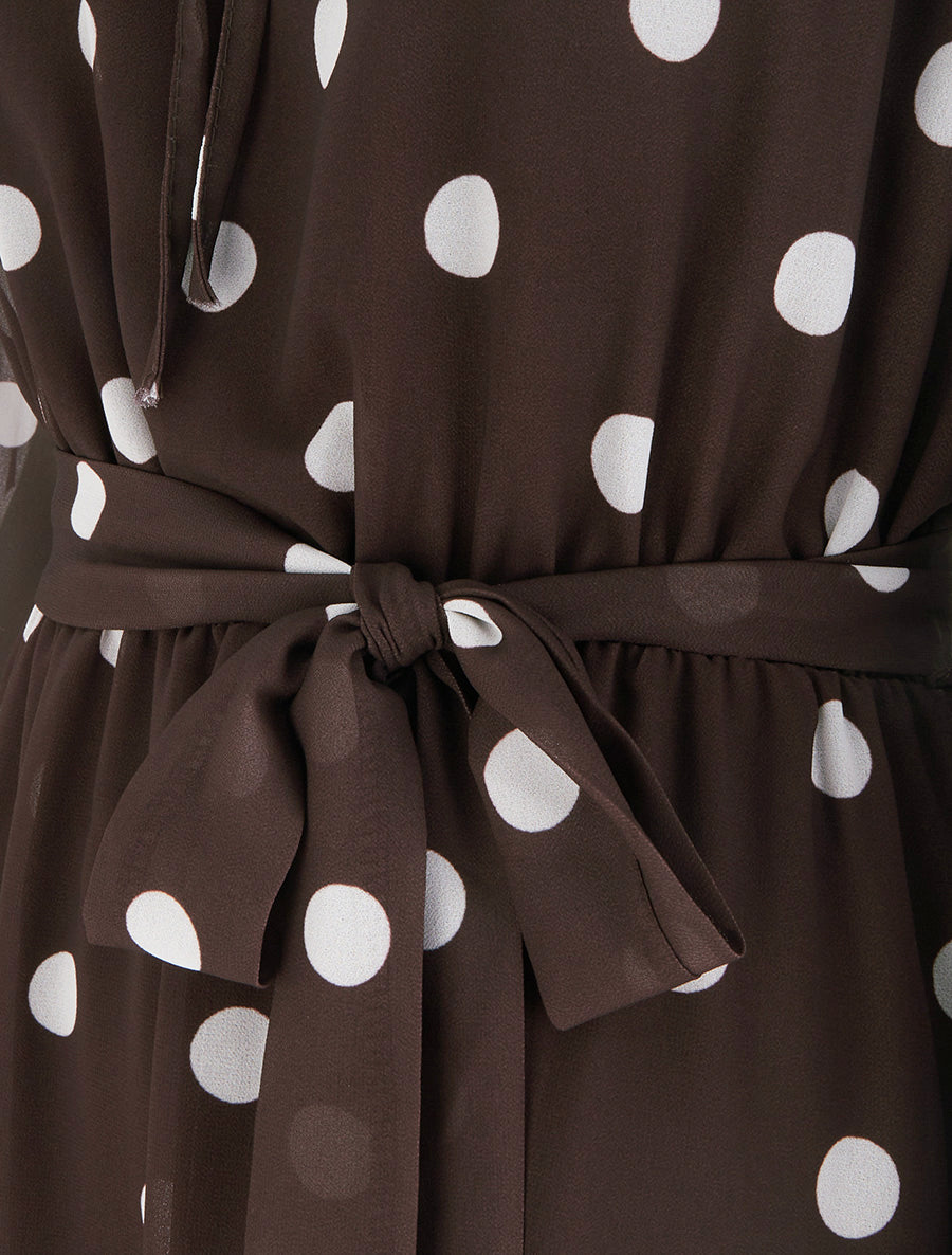 Robe à pois évasée à manches longues - Marron - 3