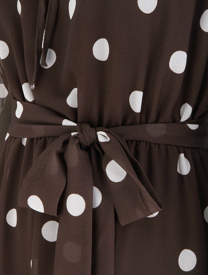 Robe à pois évasée à manches longues - Marron - 3