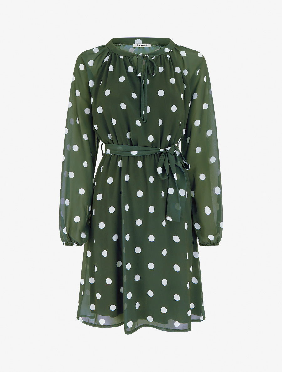Robe à pois évasée à manches longues - Kaki - 1