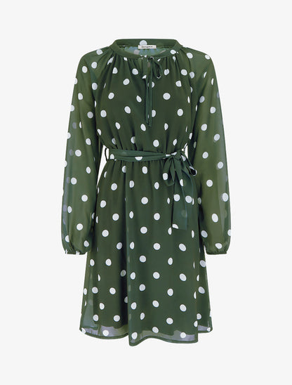 Robe à pois évasée à manches longues - Kaki - 1