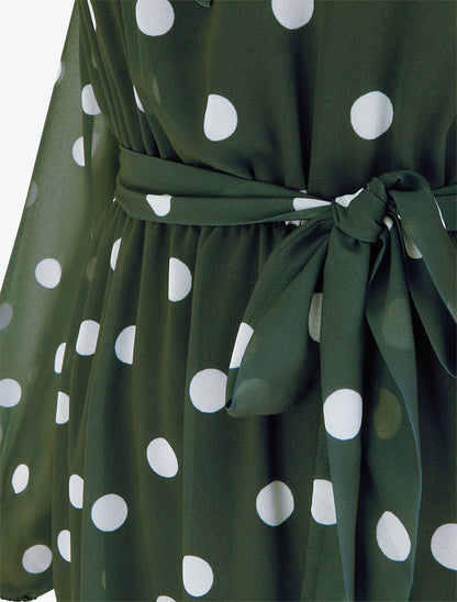 Robe à pois évasée à manches longues - Kaki - 3